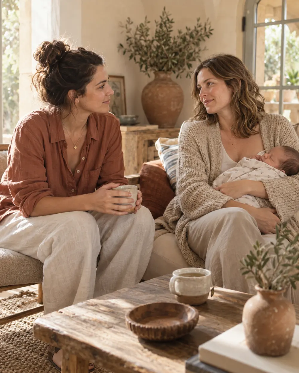 Dos madres comparten una conversación tranquila, una de ellas con su bebé en brazos